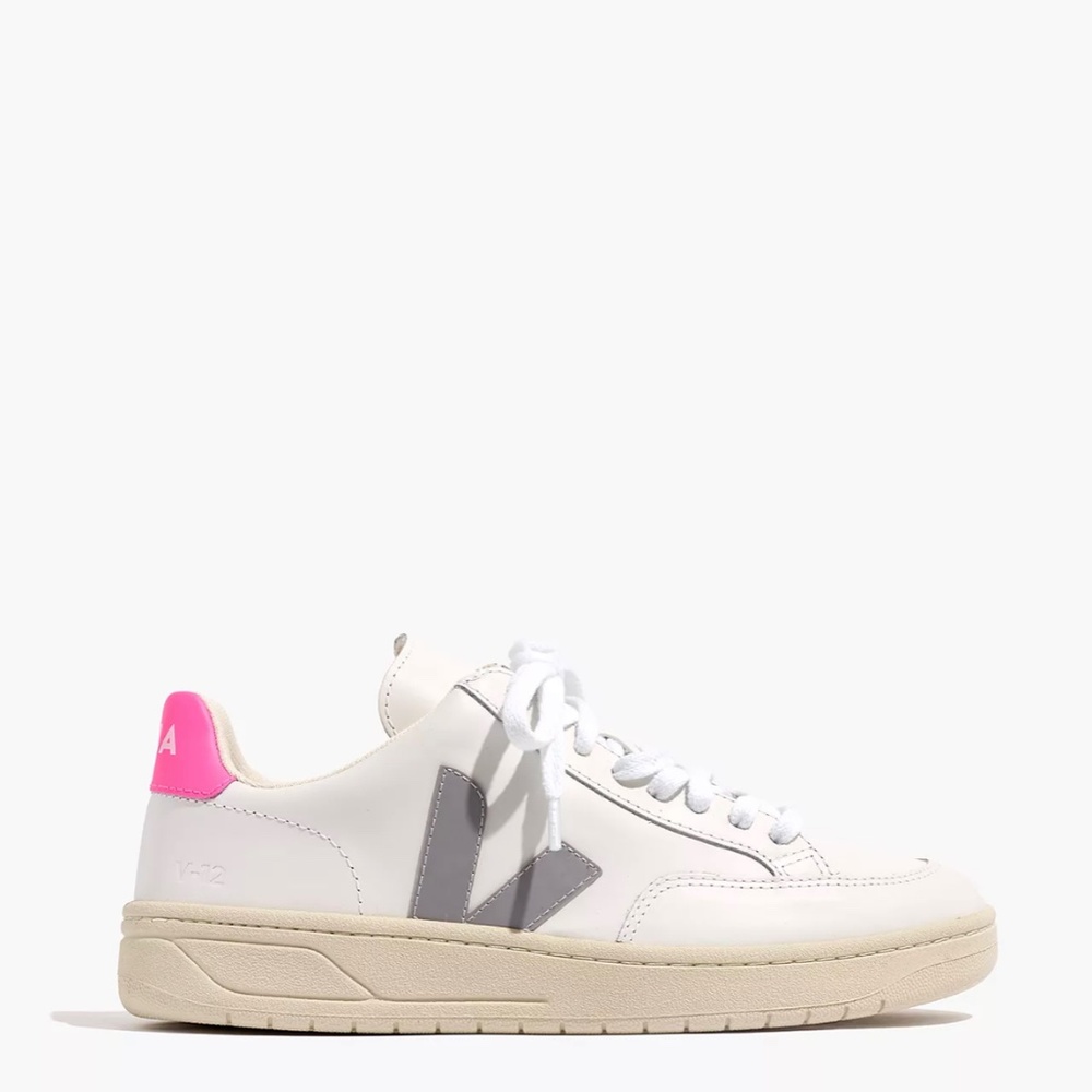 Veja Leather V-12 Lace-Up Sneakers in White and Natural